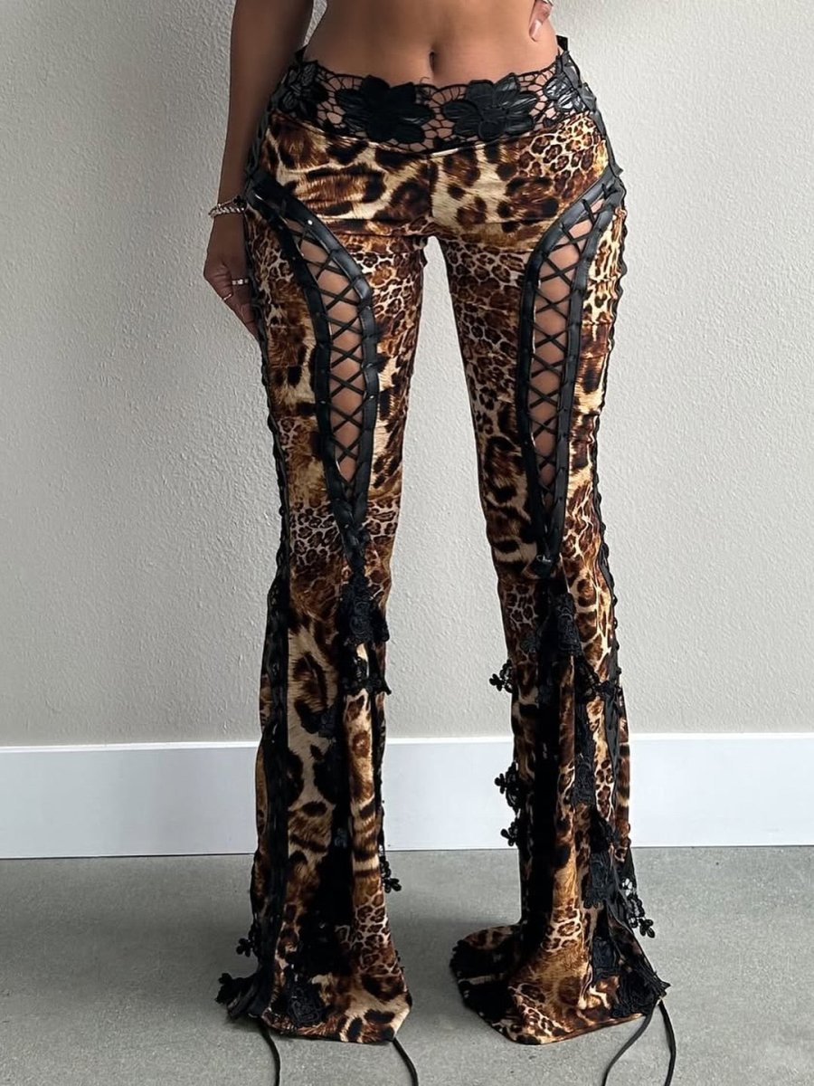 Leopard Flared Lace - Up Statement Pants - laseze