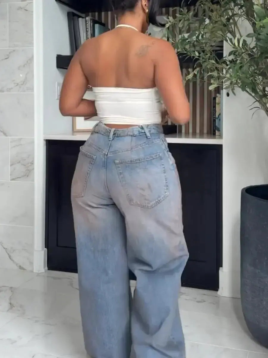 Light Blue Ombre Wash Fold - Over Waistband Wide Leg Jeans - laseze