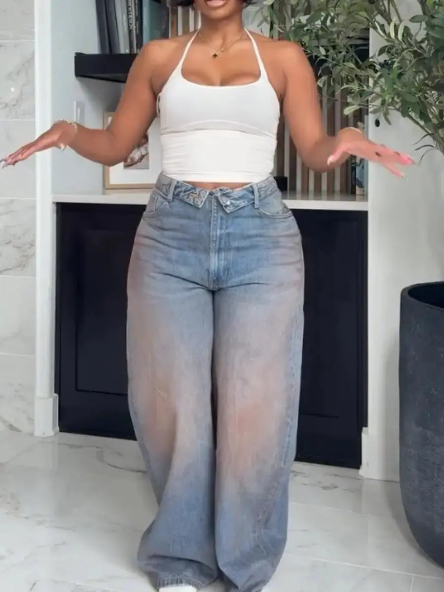 Light Blue Ombre Wash Fold - Over Waistband Wide Leg Jeans - laseze