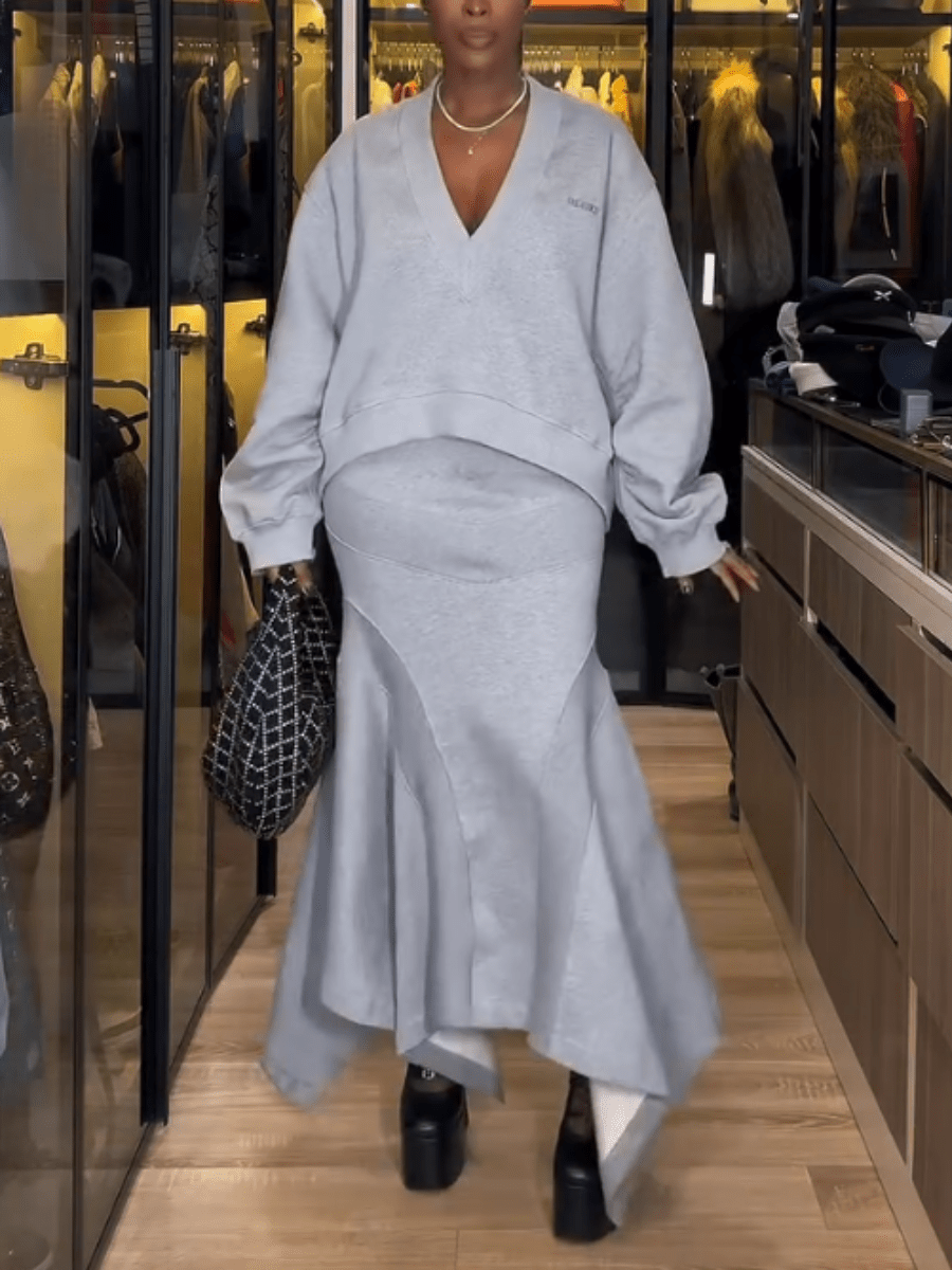 Light Gray Oversized Sweatshirt - Mermaid Skirt Set - laseze