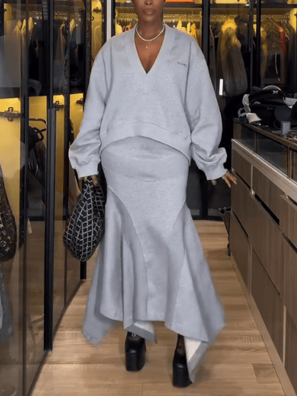 Light Gray Oversized Sweatshirt - Mermaid Skirt Set - laseze