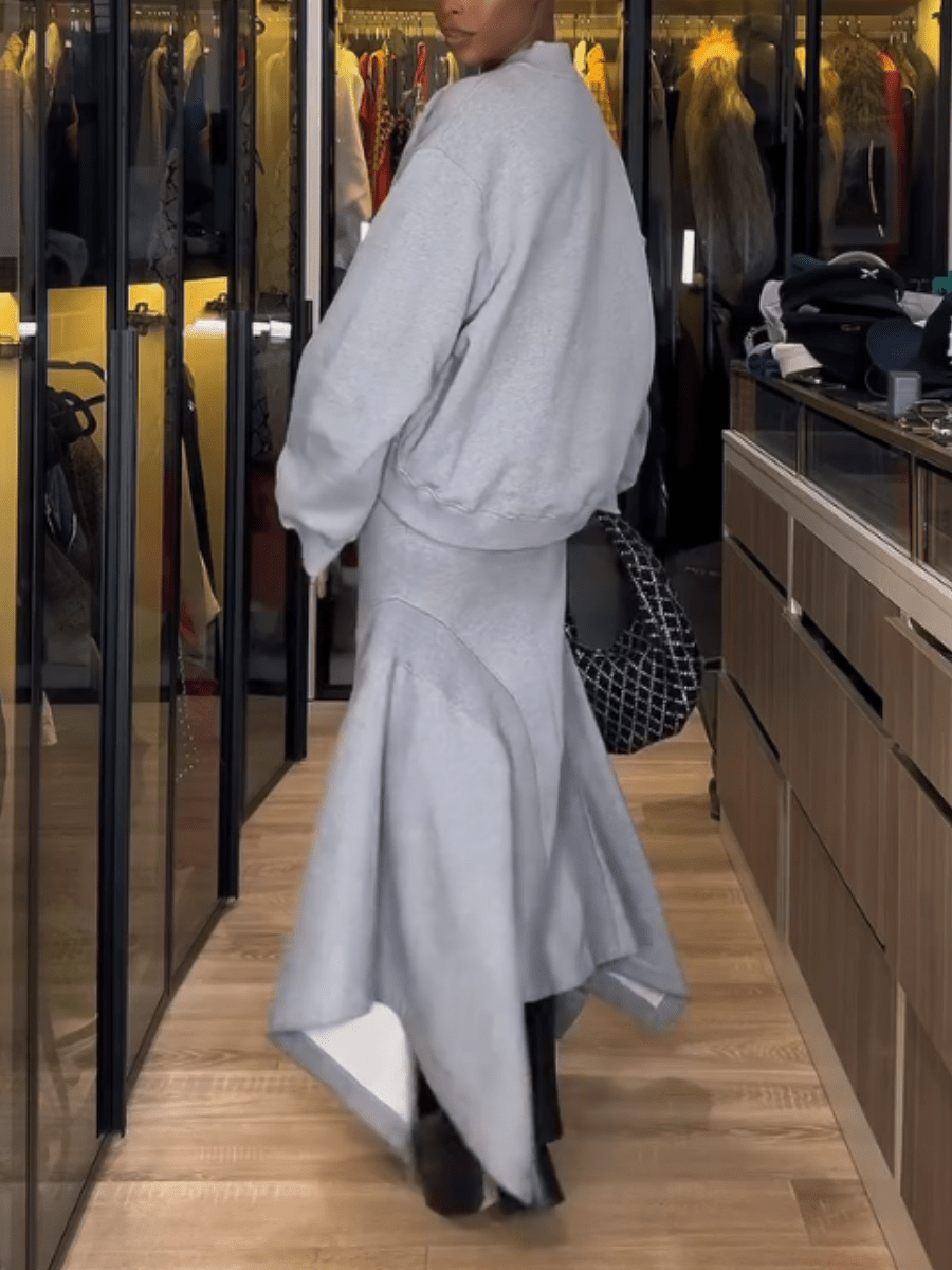 Light Gray Oversized Sweatshirt - Mermaid Skirt Set - laseze