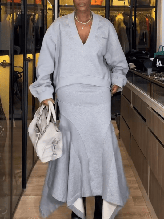 Light Gray Oversized Sweatshirt - Mermaid Skirt Set - laseze
