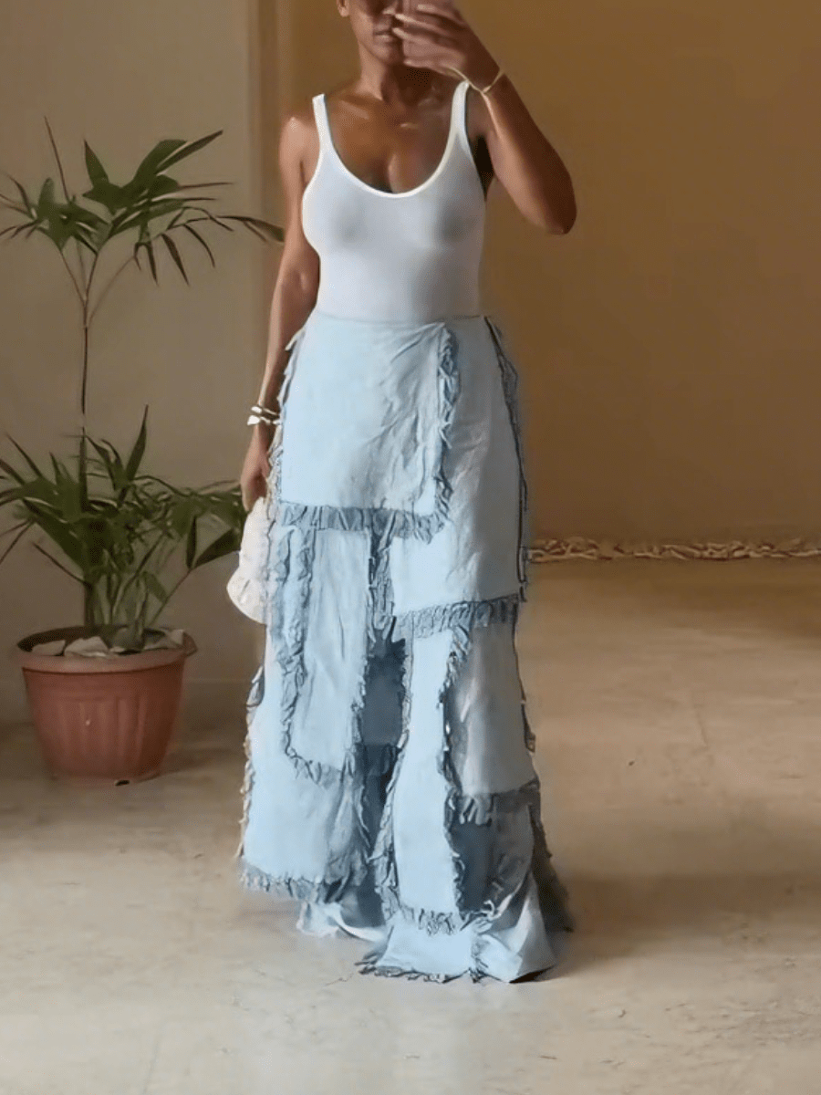 Light Wash Denim Maxi Skirt With Layered Fringe Detailing laseze