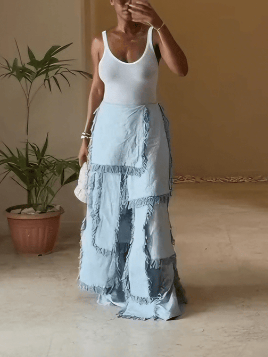 Light Wash Denim Maxi Skirt With Layered Fringe Detailing laseze