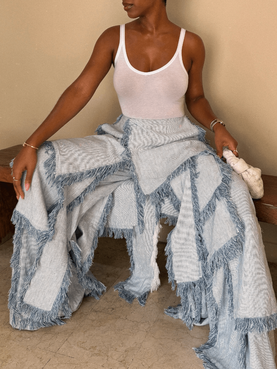 Light Wash Denim Maxi Skirt With Layered Fringe Detailing laseze