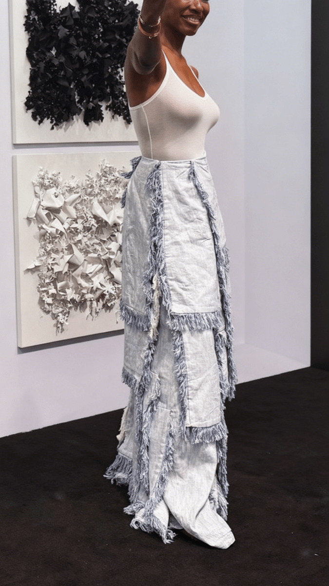 Light Wash Denim Maxi Skirt With Layered Fringe Detailing laseze