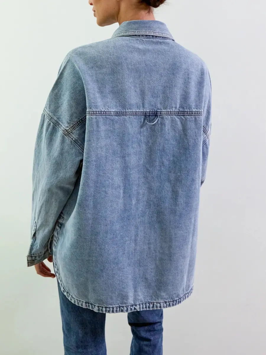 Light Wash Oversized Denim Shirt Jacket | Long Sleeve Button - Down Shacket - laseze
