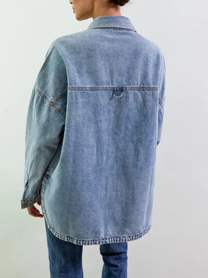 Light Wash Oversized Denim Shirt Jacket | Long Sleeve Button - Down Shacket - laseze