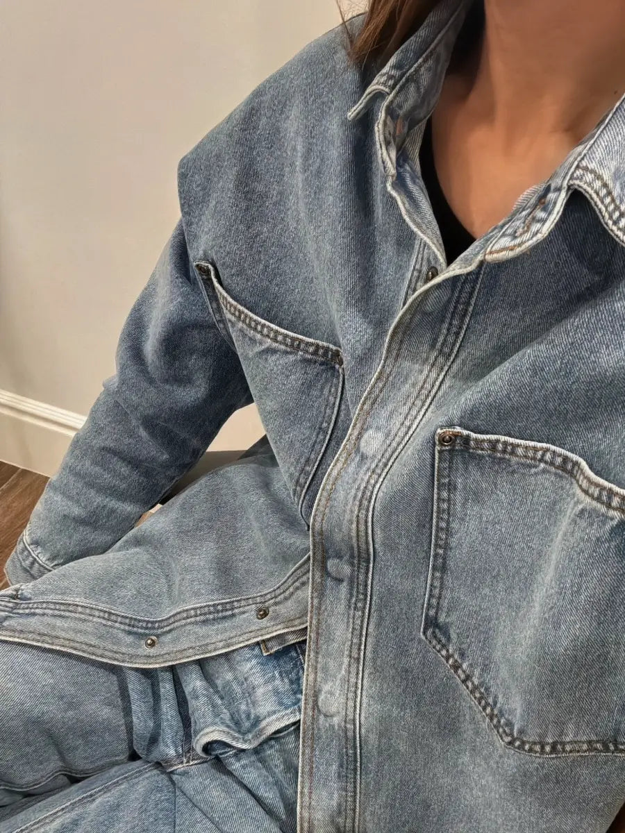 Light Wash Oversized Denim Shirt Jacket | Long Sleeve Button - Down Shacket - laseze