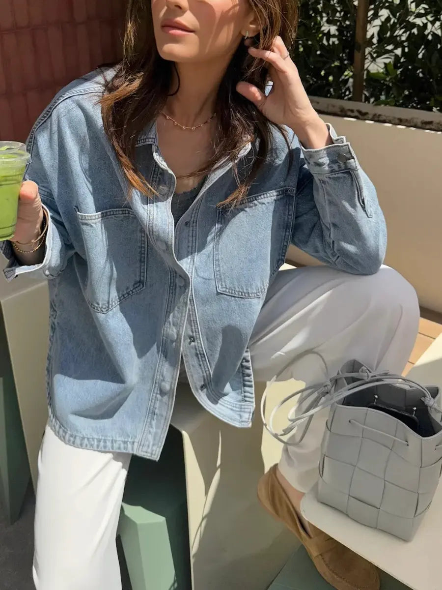 Light Wash Oversized Denim Shirt Jacket | Long Sleeve Button - Down Shacket - laseze