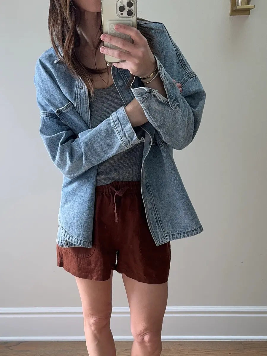 Light Wash Oversized Denim Shirt Jacket | Long Sleeve Button - Down Shacket - laseze