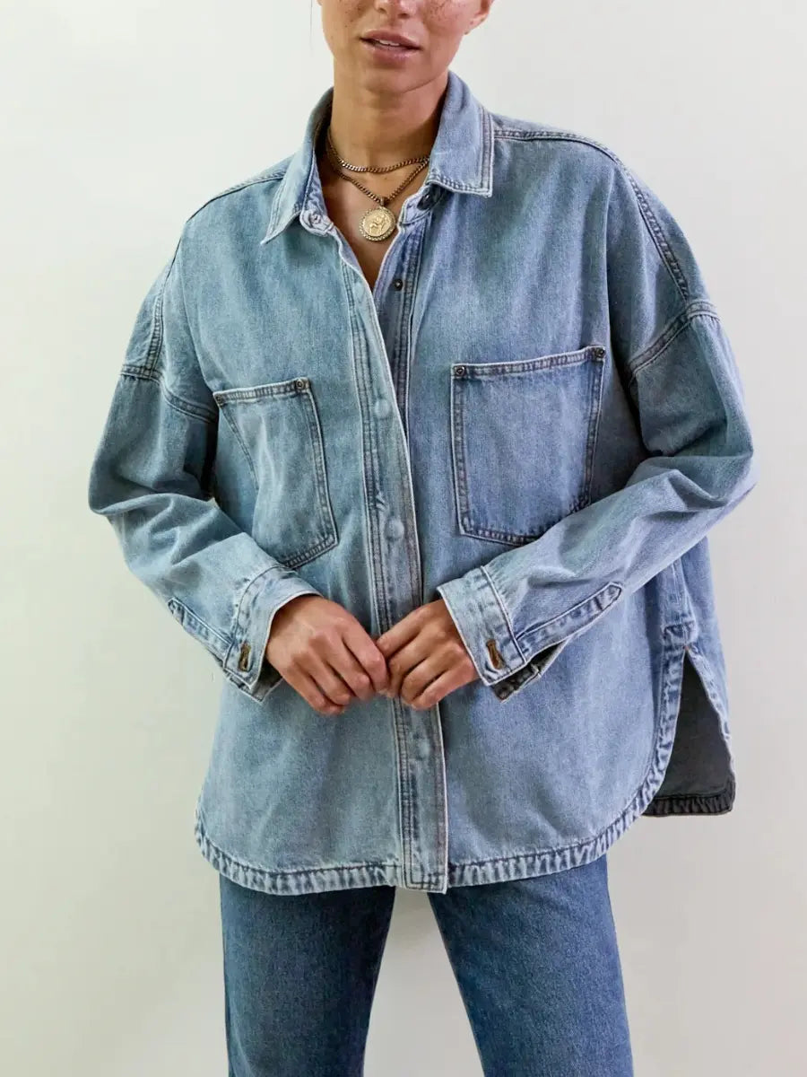 Light Wash Oversized Denim Shirt Jacket | Long Sleeve Button - Down Shacket - laseze