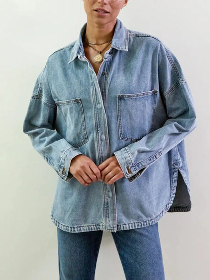 Light Wash Oversized Denim Shirt Jacket | Long Sleeve Button - Down Shacket - laseze