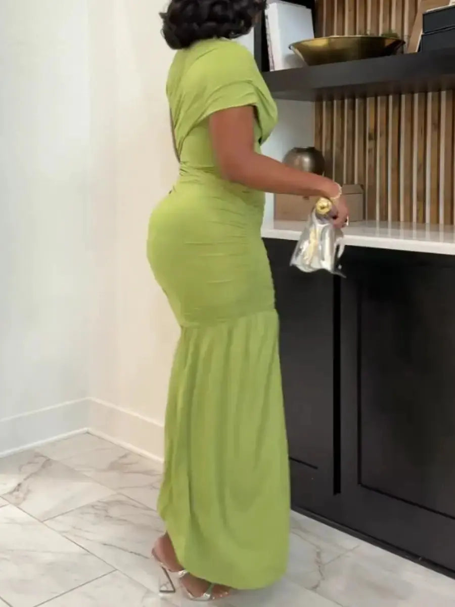 Lime Green Ruched Mock Neck Asymmetrical Maxi Dress - laseze