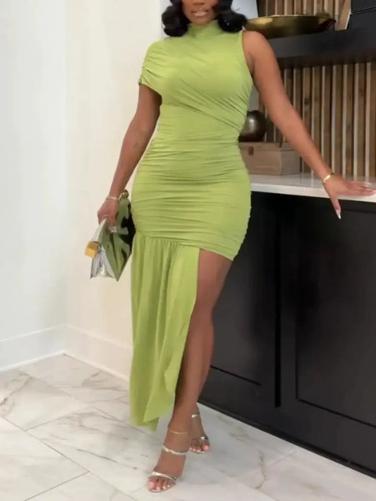 Lime Green Ruched Mock Neck Asymmetrical Maxi Dress - laseze