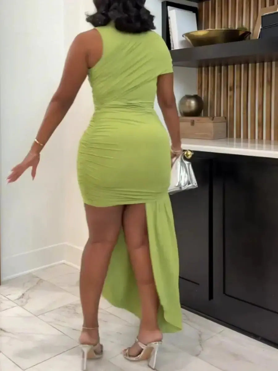 Lime Green Ruched Mock Neck Asymmetrical Maxi Dress - laseze