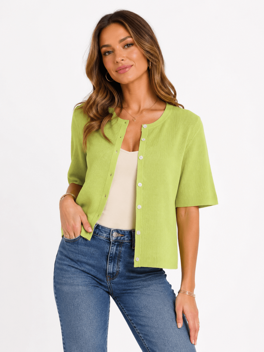 Lime Green Short-Sleeve Knit Cardigan - laseze