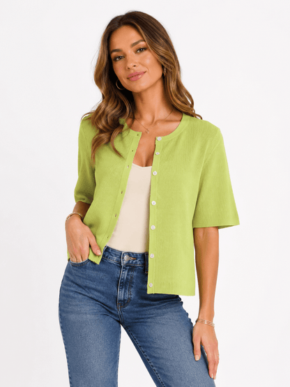 Lime Green Short-Sleeve Knit Cardigan - laseze