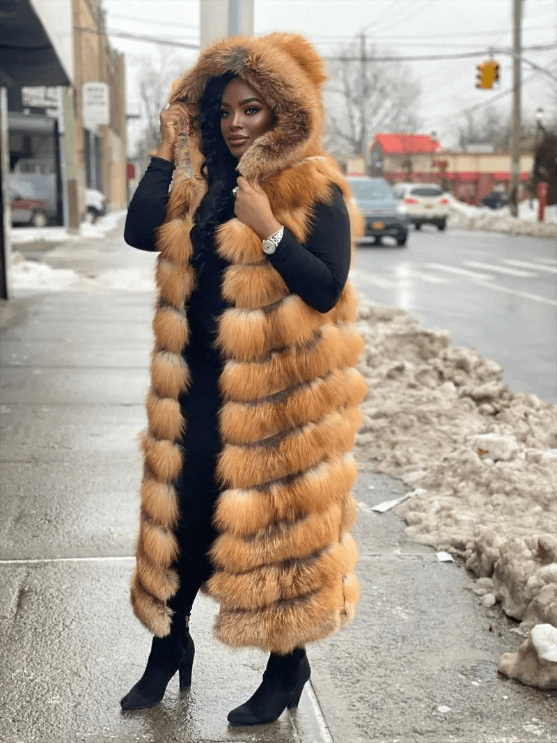 Long Red Fox Fur Vest With Hood fashgoods
