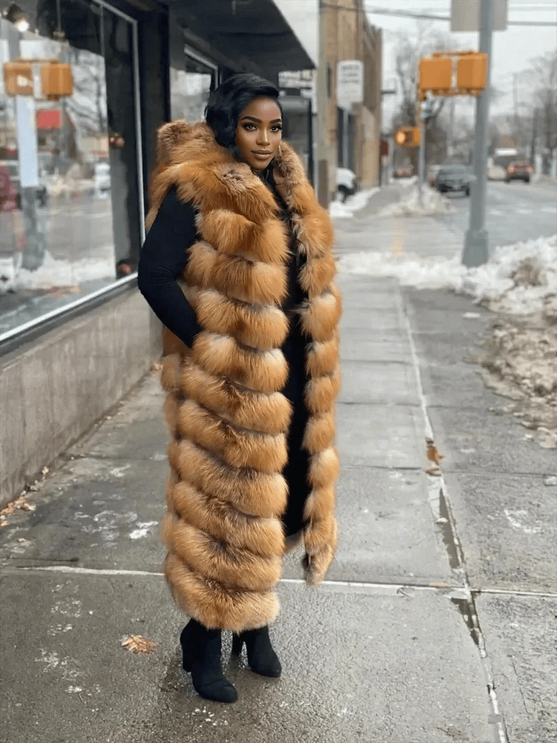 Long Red Fox Fur Vest With Hood fashgoods