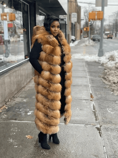 Long Red Fox Fur Vest With Hood fashgoods