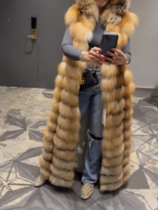 Long Red Fox Fur Vest With Hood fashgoods