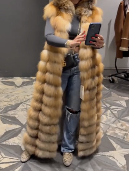 Long Red Fox Fur Vest With Hood fashgoods