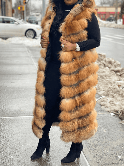Long Red Fox Fur Vest With Hood fashgoods