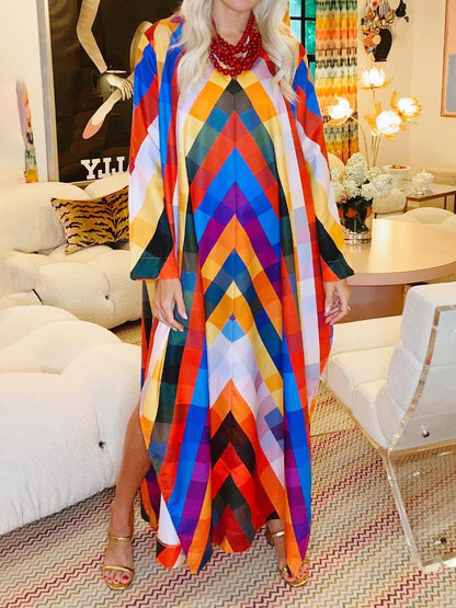 Loose Long Sleeve Color Block Side Split Maxi Dress speciaic