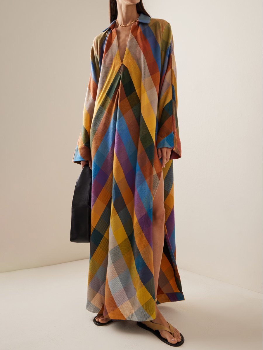 Loose Long Sleeve Color Block Side Split Maxi Dress speciaic