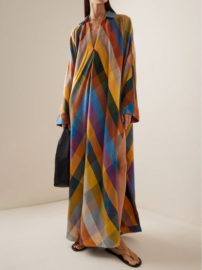 Loose Long Sleeve Color Block Side Split Maxi Dress speciaic