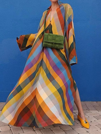 Loose Long Sleeve Color Block Side Split Maxi Dress speciaic