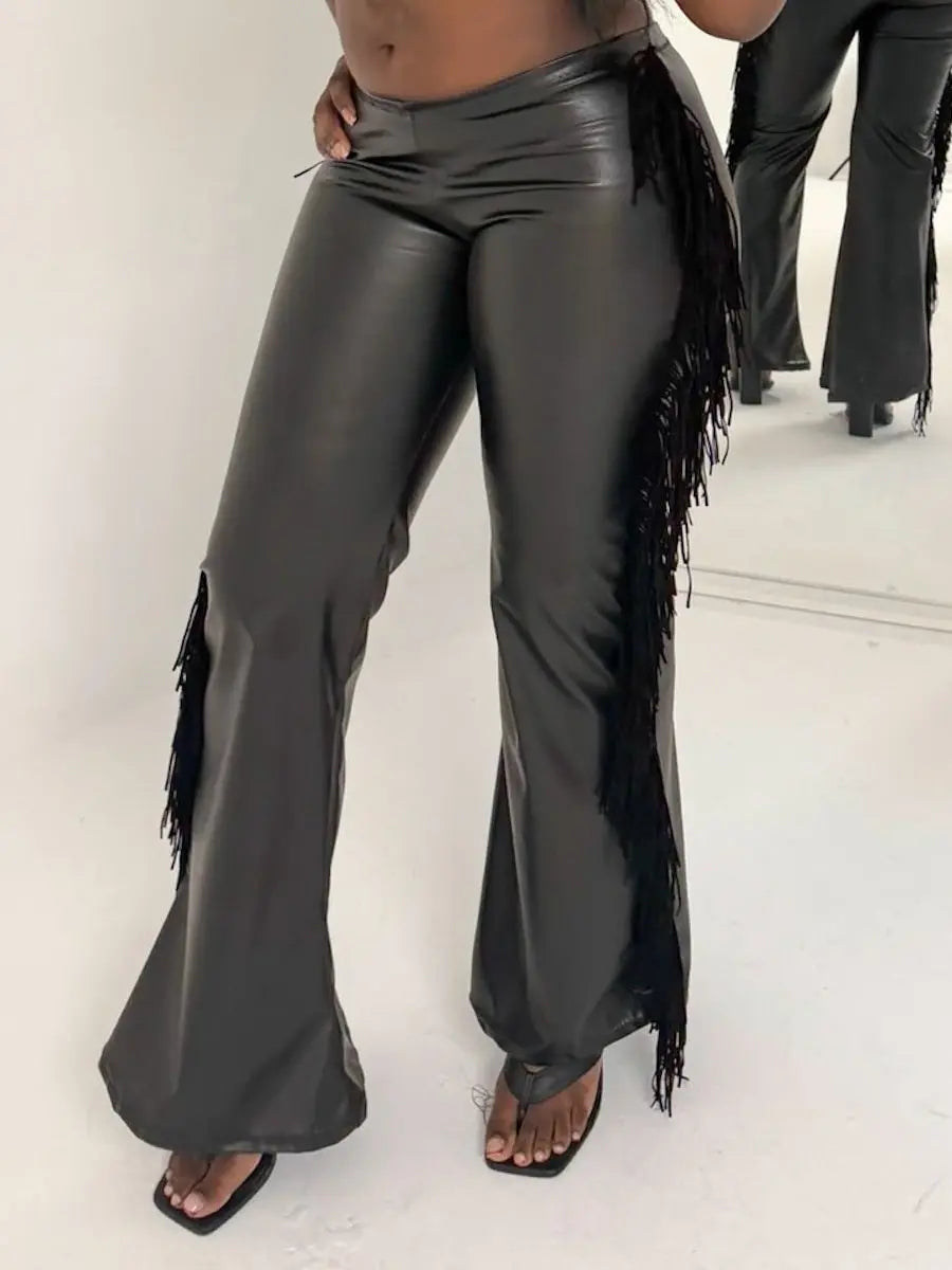 Low - waisted Faux Leather Flared Leg Pants - laseze
