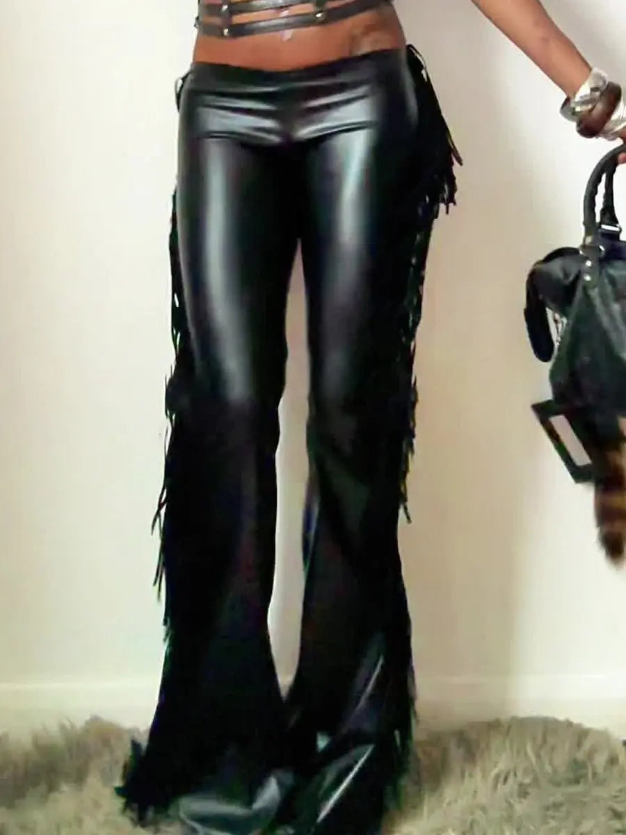 Low - waisted Faux Leather Flared Leg Pants - laseze
