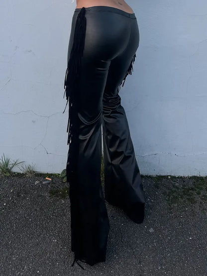 Low - waisted Faux Leather Flared Leg Pants - laseze