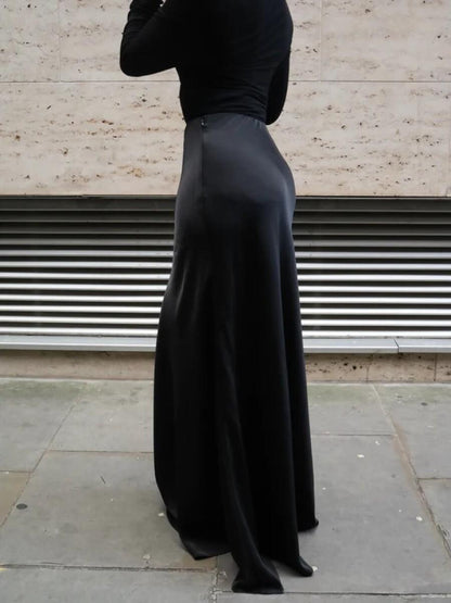 Luxe Black Drape Satin Skirt With Cinch Waist laseze
