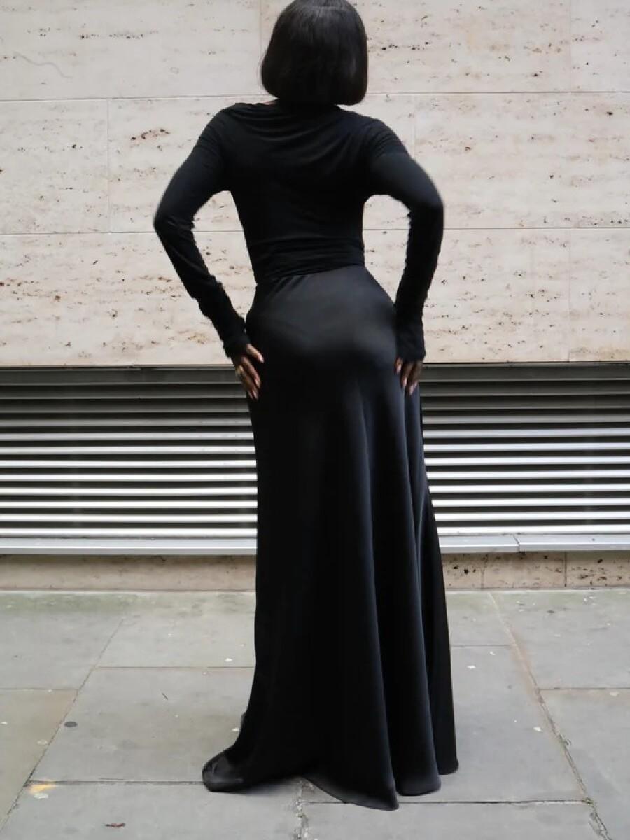 Luxe Black Drape Satin Skirt With Cinch Waist laseze