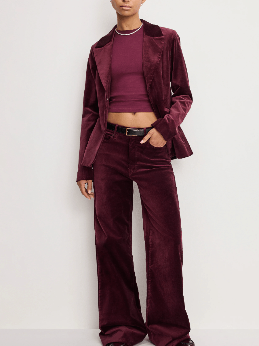 Luxe Deep Red Velvet Tailored Blazer & Flared Pant Set laseze