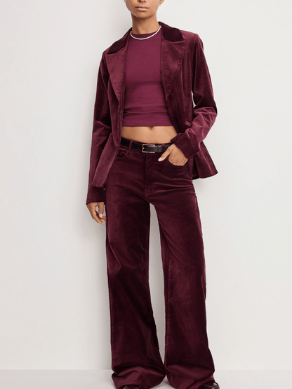 Luxe Deep Red Velvet Tailored Blazer & Flared Pant Set laseze