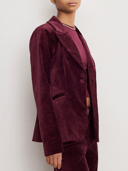 Luxe Deep Red Velvet Tailored Blazer & Flared Pant Set laseze