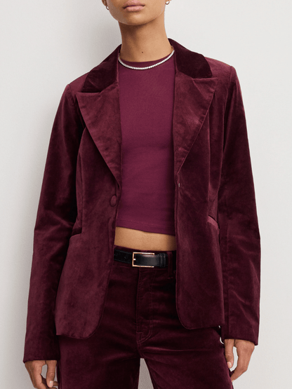 Luxe Deep Red Velvet Tailored Blazer & Flared Pant Set laseze