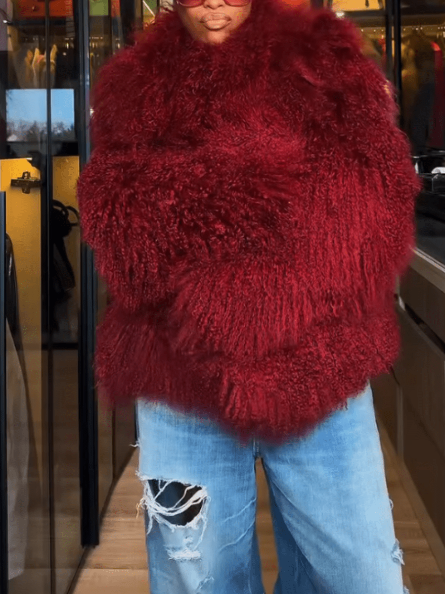 Luxury Burgundy Oversized Faux Fur Cape-Style Coat laseze