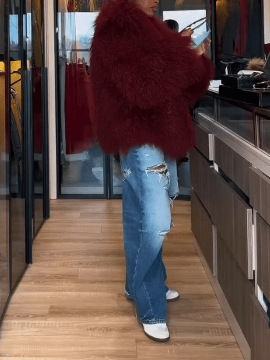 Luxury Burgundy Oversized Faux Fur Cape-Style Coat laseze