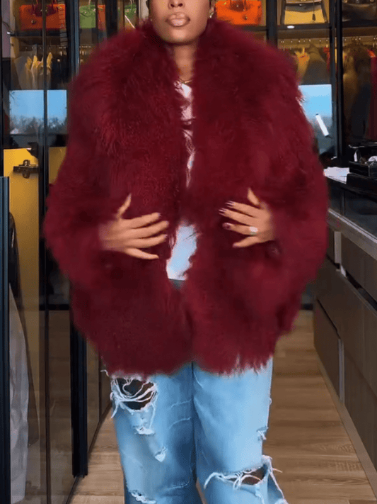 Luxury Burgundy Oversized Faux Fur Cape-Style Coat laseze