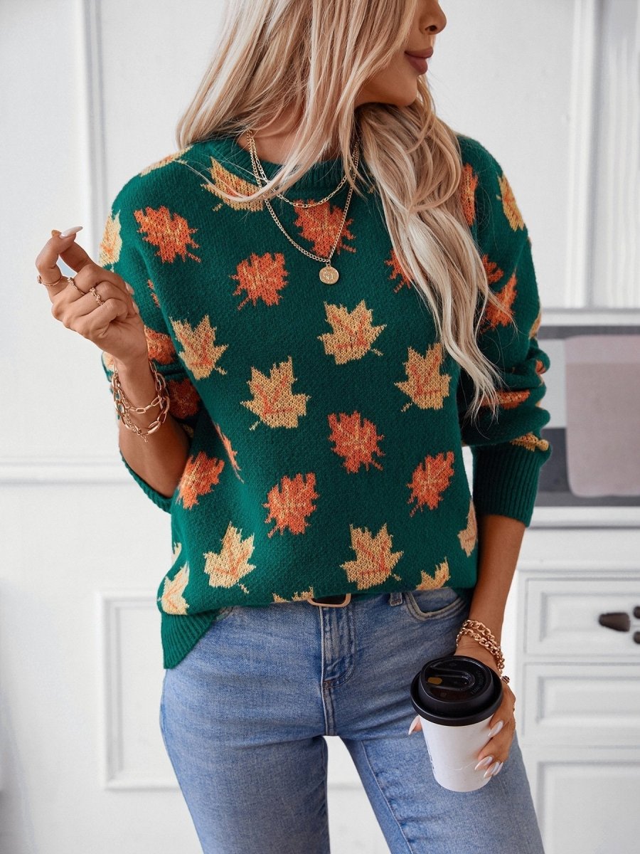 Maple Leaf Pattern Casual Knit Sweater speciaic