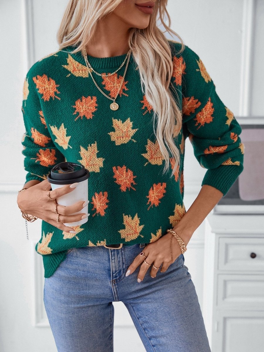 Maple Leaf Pattern Casual Knit Sweater speciaic