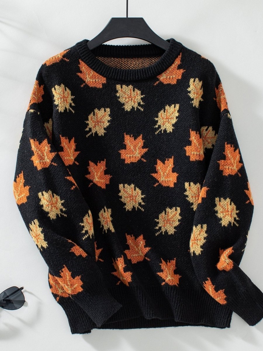 Maple Leaf Pattern Casual Knit Sweater speciaic