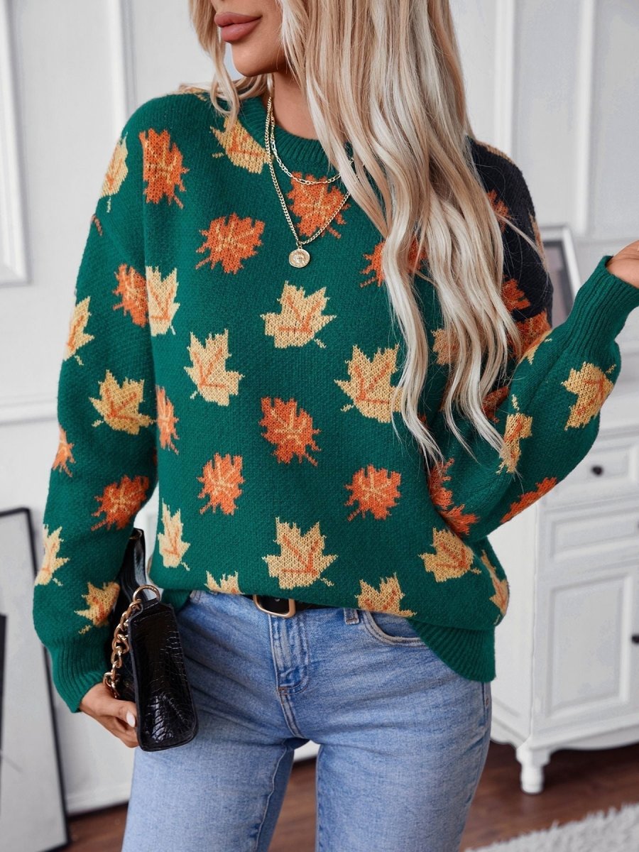 Maple Leaf Pattern Casual Knit Sweater speciaic