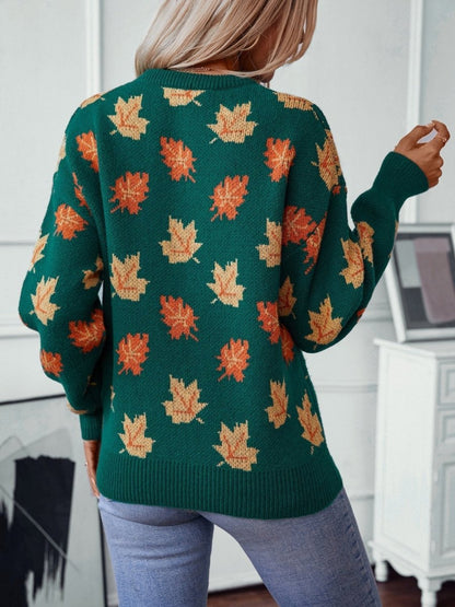 Maple Leaf Pattern Casual Knit Sweater speciaic